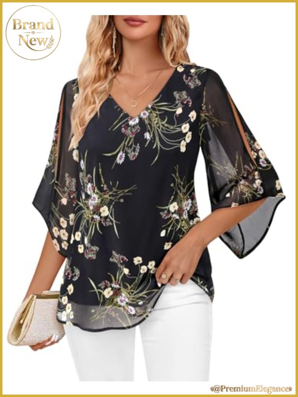 Women's Chiffon V-Neck Tunic Top 3/4 Sleeve Split Sleeve Dressy Blouse Party